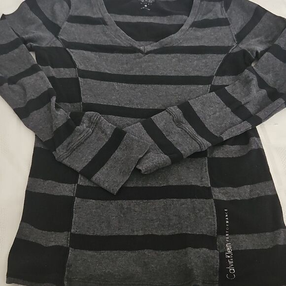 Calvin Klein Stripped Long Sleeves Cotton T-Shirt Medium Black/ Gray - Picture 14 of 16